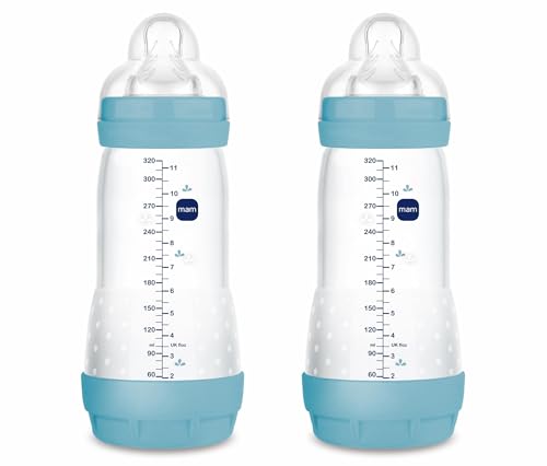 MAM Pack 2 Biberones Anticólicos, a partir de 4 Meses, 320ml, con Tetina 3 Flujo Rápido de Fácil Aceptación, Autoesterilizable y Fácil de Limpiar, MAM Easy Start Anti-Colic, Azul Mate, Pack de 2uds