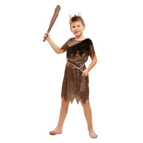 My Other Me   Disfraz Troglodita Niño, talla 3 4 años. Incluye diadema en forma de hueso de color blanco, vestido y cinturón con estampado de leopardo, detalles deshilachados y volante marrón.