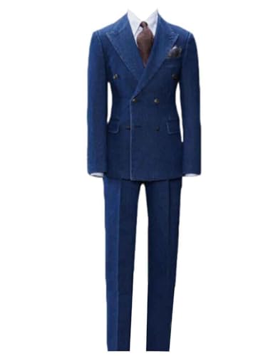 Men's Denim Suit Casual Double Breasted Jacket Two Pieces Banquet Tuxedos Pants Set