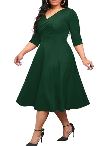 Image of Plus Size Dresses for Women A-Line V-Neck Swing Flowy 3 /4 Sleeve | 3 /4 sleeve,v neck,pockets,casual,cocktail,wedding,holiday,home,work,date party,vacation,outdoor