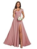 vintys Women's Off Shoulder Chiffon Long Bridesmaid Dresses with Slit Ruched V Neck A Line Formal Evening Dresses with Pockets Dusty Rose for Teens 6