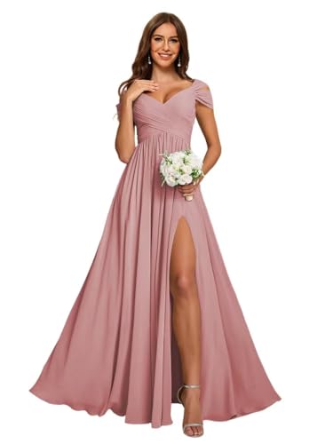 Image of vintys Women's Off Shoulder Ruched Bridesmaid Dresses Long with Pockets Slit Chiffon Formal Evening Dress VS180