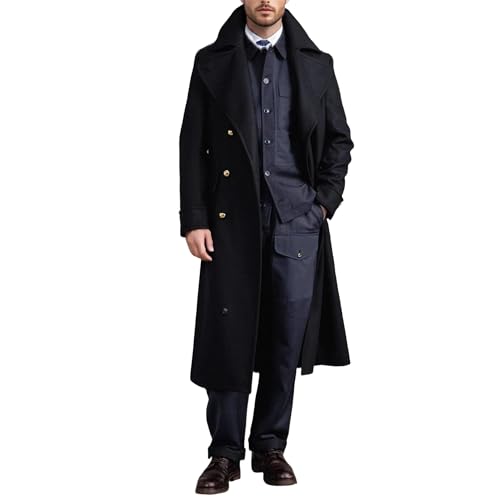 Trench extra long pour homme laine mélangée manteau chaud revers cranté hiver