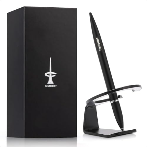 A gel ink pen that hovers upright in a magnetic stand — looks impossible on a desk and doubles as a fidget object.
