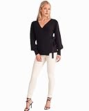 Elssime Women's Balloon Sleeves Ribbed Knitted Tie Front Sweater (US, Alpha, Large, Regular, Regular, Black)