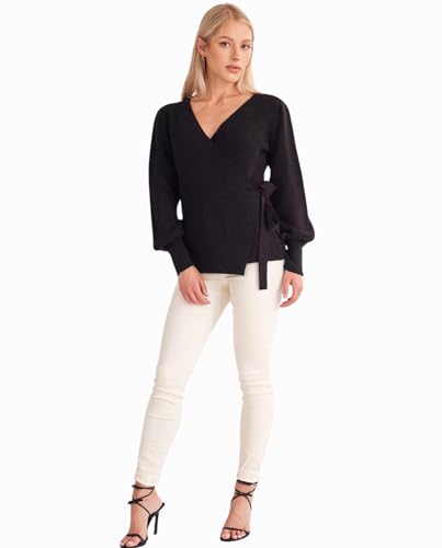 Image of Women's Balloon Sleeves Ribbed Knitted Tie Front Sweater