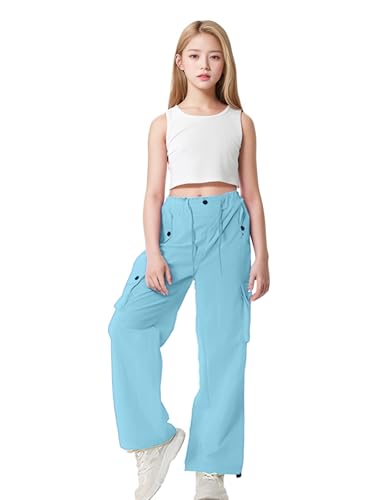 Image of HENGAO Girls Cargo Pants Parachute Casual Jogger Y2K 5-14 Years | Kids Baggy pants Parachute, Drawstring, with Pockets, Elastic High Waist, Loose Trousers Streetwear