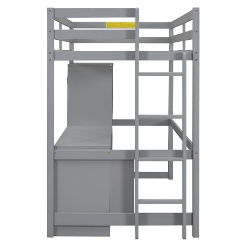 Polibi Twin Size Loft Bed with Wardrobe,Desk and 3 Drawers,Modern Design Gaming Loft Bed with Open Storage Cabinet,Gray