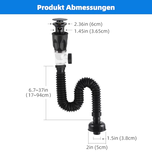 Hibbent Abfluss Waschbecken Set für Badezimmer Küchenspüle,Waschbecken Ablaufgarnitur mit Flexibler Ablaufschlauch, Siphon Waschbecken Kit,Geruchsdicht und Auslaufsicher -Schwarz
