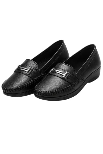 Hey LaVida Women's Black Loafer, Slip-On Closed Toe with Silver Buckle, Soft Cushioned Wedge Heel for Office-picture-48