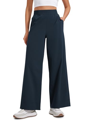 CRZ YOGA Stretch Wide Leg Casual Pants for Women 30" High Waisted Dress Work Water Resistant Travel Trousers True Navy Medium