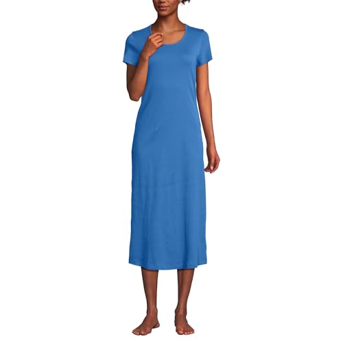 Lands' End Womens Cotton SS Midcalf Nightgown Muted Cobalt Blue Regular Medium