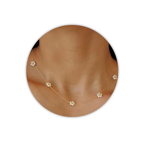 SmileBelle Daisy Pearl Necklace, Dainty Pearls Choker Necklaces for Women's Pearl Strand Necklaces as Flower Gifts, 18K Gold Plated Stainless Summer Merch for Teens Birthday Daisy Prom Costume Gift