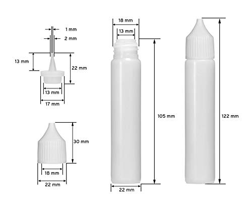 Octopus 10 x 30 ml Liquidflaschen mit Trichter + Etiketten, weiche LDPE Dosierflaschen, Plastikflaschen + weiße Deckel, Malflasche, Stiftflaschen
