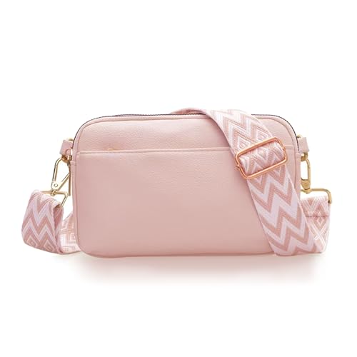 Umhängetasche mit 3 Reißverschlüssen für Damen, veganes Leder, kleine Schulterhandtaschen mit breitem Riemen, Pink, Crossbody-Taschen mit 3 Reißverschlüssen