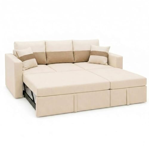 Image of FURNY Soria 4 Seater RHS Lounger Sofa Cum Bed (Cream-Beige) with Pull-Out Function | Luxury Velvet Suede Finish | Durable Comfort | Ideal for Living Room