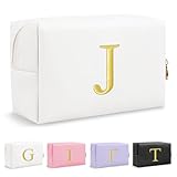 Personalized Gift Initial Makeup Bag,Preppy Gold Embroidered Letter Cosmetic Bag Stocking Stuffers for Teen Girls,Small Travel Toiletry Bag,Custom Christmas Birthday Gift for Women Mom Kids(White-J)