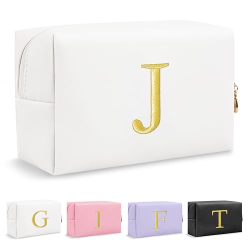 Personalized Gift Initial Makeup Bag,Preppy Gold Embroidered Letter Cosmetic Bag Stocking Stuffers for Teen Girls,Small Travel Toiletry Bag,Custom Christmas Birthday Gift for Women Mom Kids(White-J)
