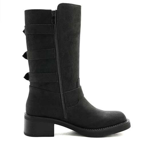 Image of GLOBALWIN Chunky Mid Calf Fashion Dressy Motocycle Biker Military Style Combat Boots for Women Low Heel