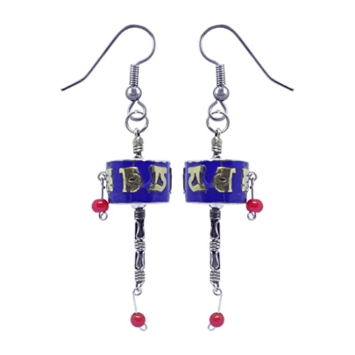 Tibetan Prayer Wheel Compressed Blue Lapis Lazuli Gemstone Chip Inlay Dangle Drop Earrings For Women 925 Silver Plated Boho Ethnic Tribal Gypsy Fashion Earrings