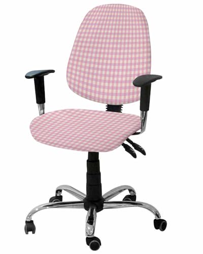 Pink Gingham 2 Pieces Computer Office Chair Covers Set,Stretchable Desk Rotating Chair Seat Cushion Slipcover Back Covers,Retro Minimalism Buffalo Check Art Slipcover Back Cover,Decorative Protectors