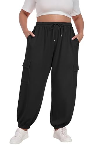 OLRIK Plus Size Cargo Sweatpants for Women Adjustable Drawstring Joggers Loose Fit Lounge Trousers with Pockets 20252