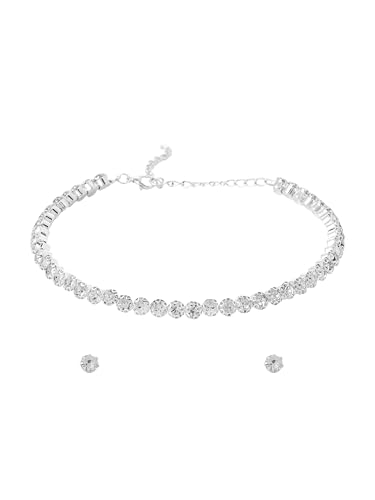 Image of Yellow Chimes Jewellery Set For Women And Girls White Crystal Jewellery Set For Women Silver Tone Crystal Choker Necklace Set Birthday Gift For Girls And Women For Wife