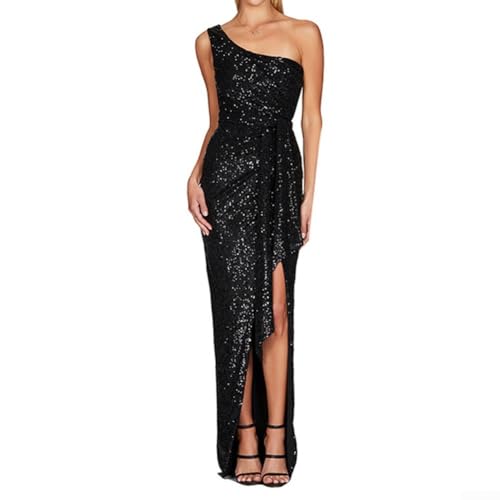 Atractivo vestido de encaje sin espalda con volantes y lentejuelas para eventos nocturnos (S negro)
