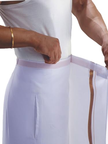 Prakasam Cotton Men's White Colour Jari Border Welcro Pocket Stitched Jumbo Size Dhoti/Size Hip -52 Inches- Length- 42 Inches
