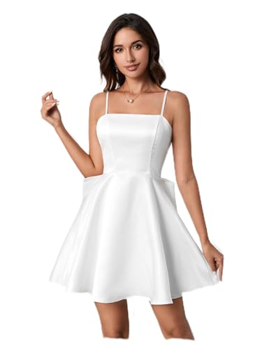 WDIRARA Women's Satin Bow Homecoming Dresses Spaghetti Strap Wedding Guest Gown Summer Mini Dress A White