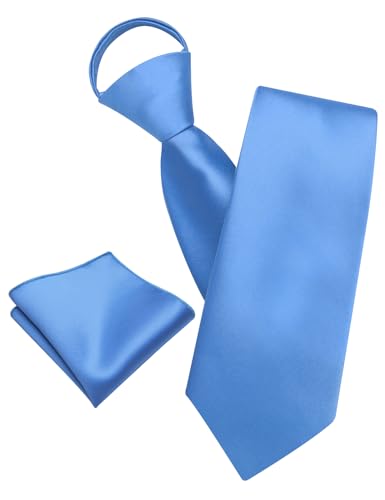 Image of YourTies Zipper Tie for Men Adjustable Pre-tied Satin Neckties and Pocket Square Set Solid Color Business Formal Wedding