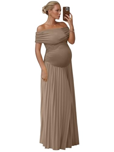 Ouyisha Off Shoulder Maternity Dress for Photoshoot Women’s Pleated Baby Shower Dress Long Summer Formal Pregnancy Gowns