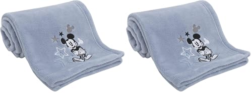 Image of Disney Mickey Mouse - Timeless Mickey Baby Blue Super Soft Coral Fleece Baby Star Blanket, Light Blue, Black, White (Pack of 2)
