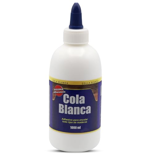 PLAYZOCO Cola blanca multiusos, Cola blanca para madera, Apto para madera, aglomerado, mimbre, corcho, Acabado transparente, uso infantil, manualidades y doméstico, Incluye tapón, Capacidad 1000 ml