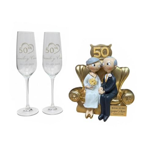 Curia Grabador Set de Regalo 50 Aniversario Bodas de Oro, Figura Decorativa con Placa Personalizada y Copas Grabadas, Diseño Elegante en Dorado (Figura y copas)