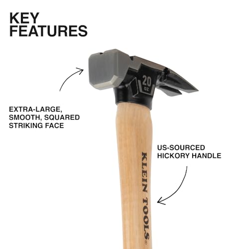 Image of Klein Tools H80920HS Smooth Face Hammer with Straight Claw, 20-Ounce Forged Steel, Hickory Handle, California Framing Style, Magnetic Nail Starter, and Extra-Large Squared Strike Face
