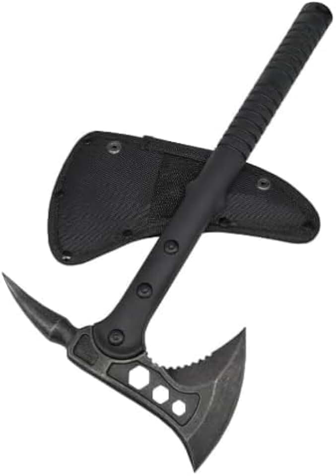 Machado Tático Militar em Aço Inoxidável, 31cm, com Bainha, Cabo Emborrachado Antideslizante, Lâmina 17cm, Preto, para Camping, Pesca, Trilha, Sobrevivência