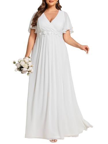 Image of Ever-Pretty Short Sleeves V Neck Plus Size Formal Dresses for Curvy Women Chiffon Mother of The Bride Dress Evening Gowns