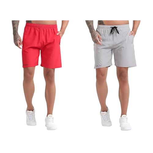 Image of BLUE STAR SHARK Athletic Sports Shorts for Men with Zip Pockets and Elastic Waistband Quick Dry Lightweight Activewear Combo - Pack of 2 (Color: Red and Grey, Size:XL)
