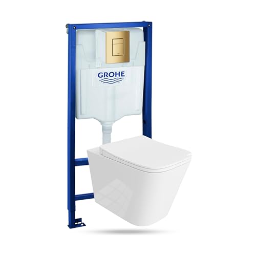 Lavita Vorwandelement Solido + Wand Hänge WC Maio Weiß Spülrandlos+ WC Sitz mit Absenkautomatik Goldener Knopf Komplettset Unterputz Spülkasten Toilette Komplett Sett WC