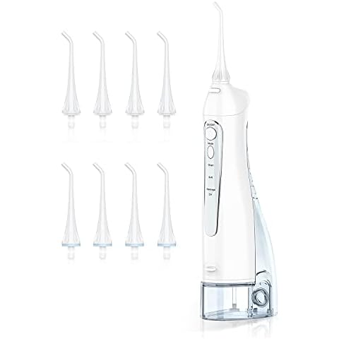 Oral Irrigator, 300 ml Wireless Oral Irrigator, Electric Water Flosser, 3 Modes and 8 Nozzles, IPX7 Waterproof, Toothbrush Home and Travel, 30 Days Use with a 4-Hour Charge, White Cover