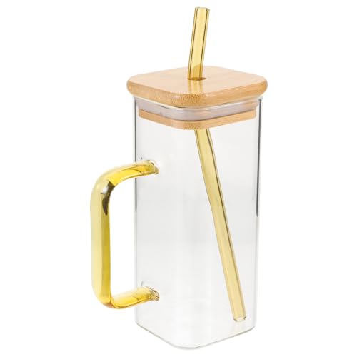 NUOLUX 高硼硅ガラス水筒 ストロー付き 蓋付き 飲み物カップ ミルクティー ジュース用 耐熱 小型 家用 四角形デザイン ?檬黄カラー