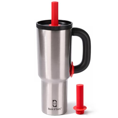 Image of House of Quirk 1200ml Stainless Steel Tumbler with Handle, Straw & Straw Cap | Leakproof Water Bottle | Large Capacity Travel Mug (Chrome)