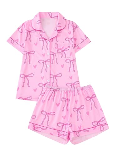 Image of SHENHE Women's 2 Piece Pajama Set Bow Graphic Button Down Short Sleeve Lapel Shirt Pj Short Set