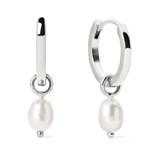 Image of Ana Luisa Frida Pearl Jewelry Huggie Hoops - Medium & Small 14K Gold Plated & Silver Rhodium Plated Drop Hoop Earrings with Freshwater Pearls - 2-in-1 Hypoallergenic Water-Resistant, Tarnish-Free Hoop