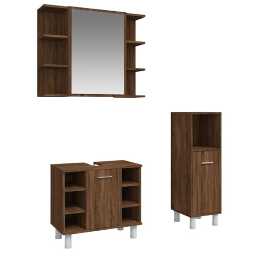 Juego de muebles de baño de roble marrón con tres módulos organizadores 3