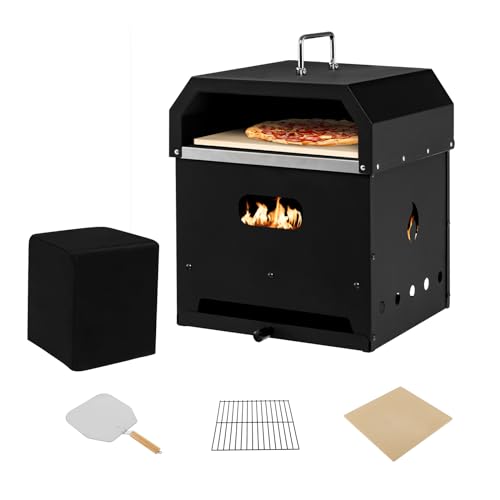 KOMFOTTEU Horno de Pizza 4 en 1, Horno de Leña hasta 300 ºC, Horno Desmontable con Piedra de Pizza, Pala, Parrilla de Barbacoa, Cubierta Impermeable, para Exterior, Camping, Fiestas