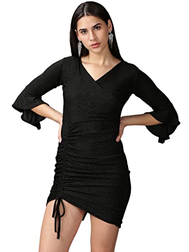 Image of SHOWOFFFF Women Self Design Wrap Casual Dress | V Neck Full Sleeves Lycra Dress for Womens | Knee Length Dress for Women's