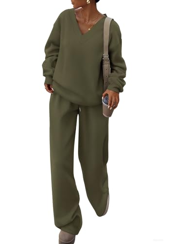 PRETTYGARDEN Casual Winter Two Piece Sets for Women 2025 V Neck Sweatshirt Loose Wide Leg Pants Tracksuit Knit Fall Outfits