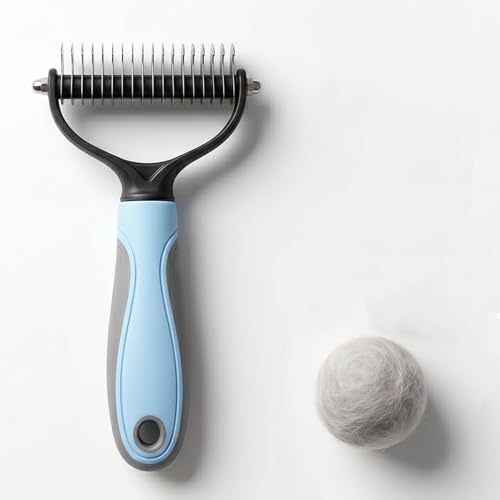 Vivanchor Pet Pro Deshedder Double-Sided Deshedding Comb for Dogs & Cats Stainless Steel Teeth Non-Slip Handle Gentle Knot Remover for All Coat Types (Blue)